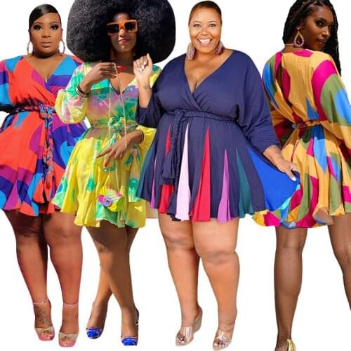 Printed V-neck sexy woven plus size with belt plus size womens dress Long Dress Ladies Large Size Holiday Beach Vestidos