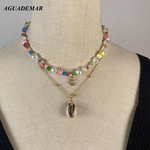 Boho 26 Initials Shell Pearl Beaded Necklace For Women Irregular Natural Stone Candy String Beads Choker Necklaces Jewelry Gifts