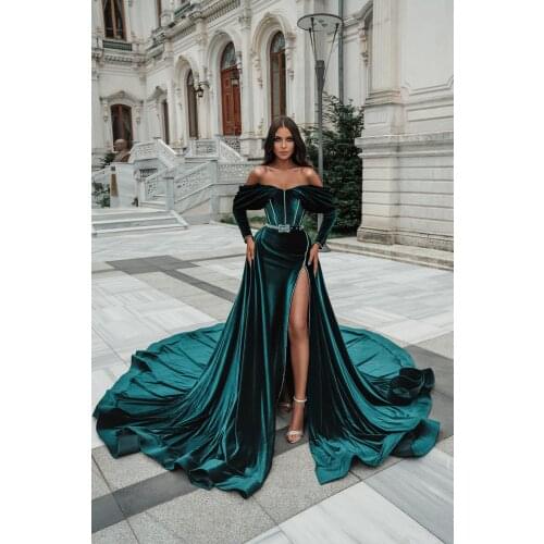 Dark Green Velvet Prom Dress With Detachable Train Off The Shoulder Beaded African Plus Size Women Party Dress Evening Gowns