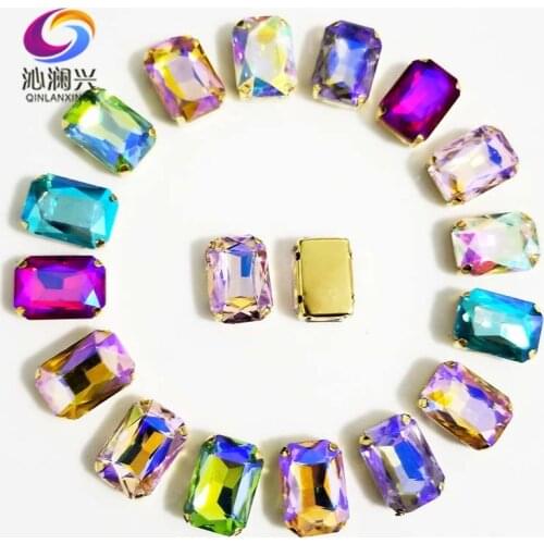 10x14mm/13x18mm 20pcs/pack Golden bottom Super beauty AB color Rectangle shape Glass Crystal sew on claw rhinestones
