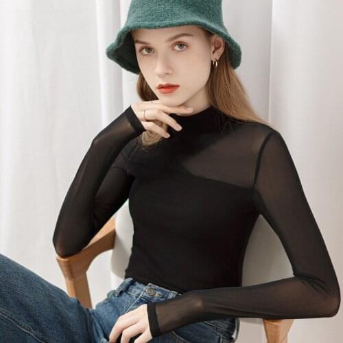 2021 Women Fashion Clothing New Sexy Mesh Stitching Half High Neck Bottoming Shirt