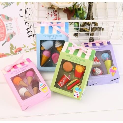 4pcs/set Cute Food Shape Eraser Ice Cream Drink Coke Eraser Set Kawaii Stationery Kids Gifts Creative School Office Supplies