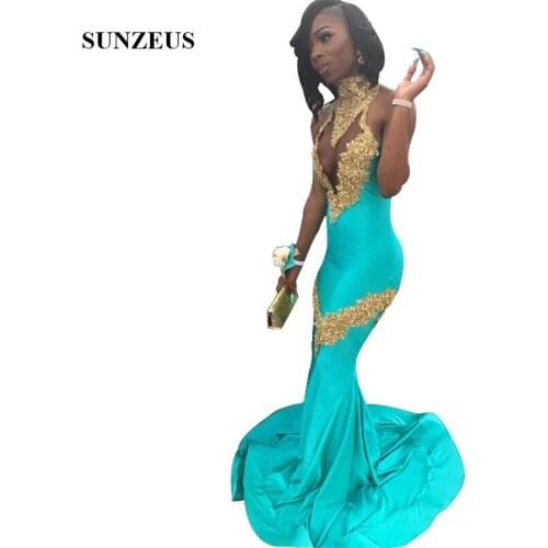 Turquoise Prom Dresses With Gold Appliques Beads High Neck Mermaid Party Gowns Sexy Top Jersey Long Party Gowns