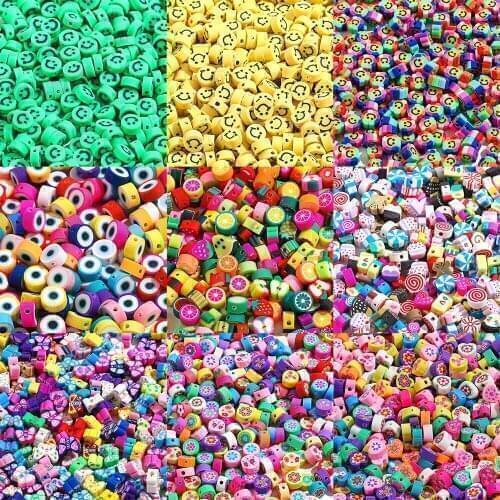 40pcs 10mm DIY Jewelry Polymer Clay Spacer Loose Beads for Jewelry Making DIY Bracelet Accessories Flower/Smiley/Eye/Fruits