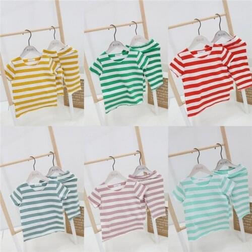 2 3 4 5 6 7 Years Childrens Pajamas Sets Korean Striped Short Sleeve T-shirts Pants 2pcs Toddler Girls Boys Nightwear Sleepwear