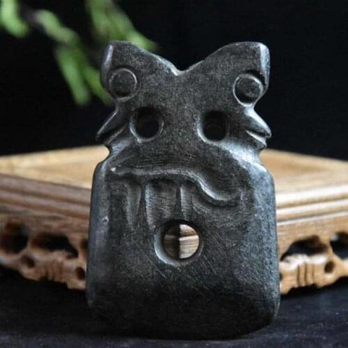 Hongshan culture archaize black iron meteorite sculpture Ssangyong axe statue