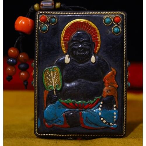 3"Tibet Temple Collection Old Natural horns Filigree mosaic Gem Dzi Bead Maitreya Big belly buddha Amulet Pendant Town House