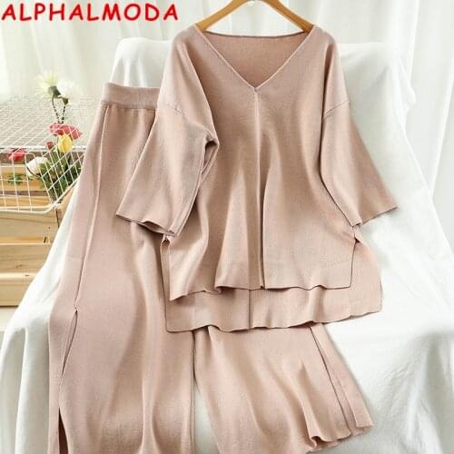 ALPHALMODA 2021 Spring Women V-neck Sweater Pants 2pcs Suit Irregular Split Loose Top Wide Leg Pants Two Piece Set