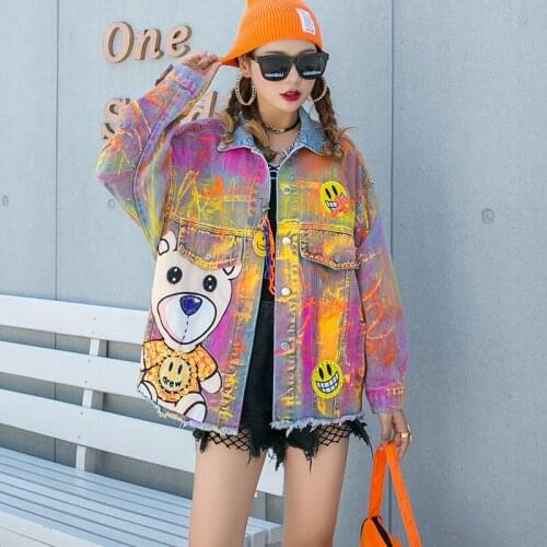 Cartoon Print Autumn Denim Jacket For Women 2020 New Denim Coat Single Breasted Hip Hop Tops Fashion Loose Streetwear Outwear