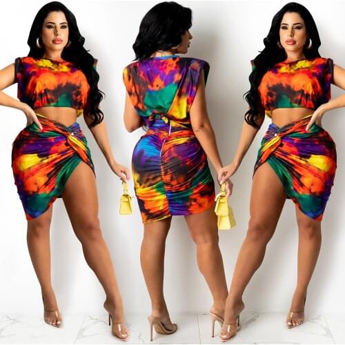 Fashion Tie Dye Sexy Two Piece Set Draw String Tight Mini Skirt Crop Top Club Outfits for Women Bodycon Dress Suits