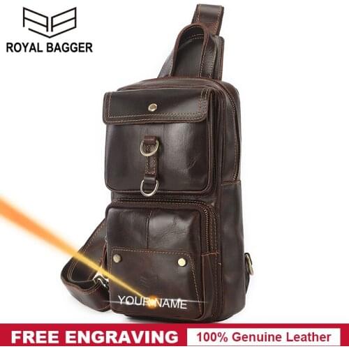 Royal Bagger Chest Bags for Men Crazy Horse Leather Shoulder Bag Retro Fashion Man Sling Bag Messenger Pocket Genuine Cowhide