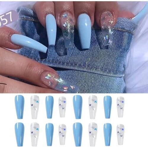 24pcs Fake Long Fingernail Sky Blue Powder Laser Butterfly Manicure Patch Wearable Full Cover Fake Nail Tips For Girls