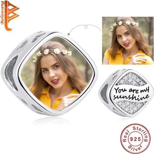 BELAWANG Wholesale You Are My Sunshine 925 Sterling Silver Customize Photo Square Bead Charm Fit Original Bracelet DIY Jewelry