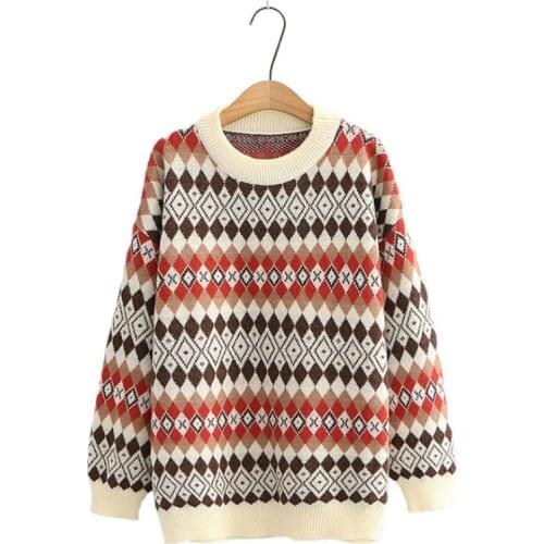 Autumn Winter Women Sweaters Argyle Embroidery Knitted Jumper Pullovers Korean Style O-neck Casual Office Ladies Knitwear Top