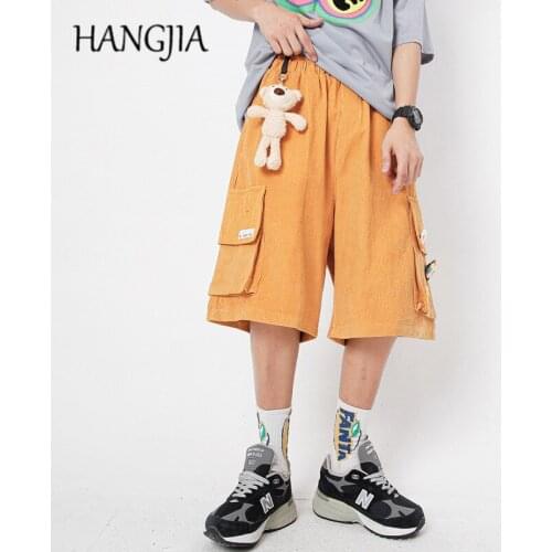 High Street Corduroy Cargo Shorts Fashionable Retro Harajuku Bear Pendant Short Loose Casual Men Women Patchwork Knee Length