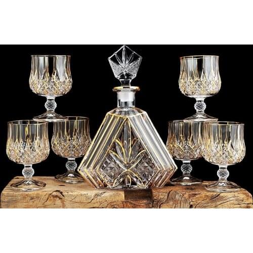 7Pcs/Set Luxury Retro Gold Rim Crystal Glass Cup Wine Decanter Set Goblet Whiskey Brandy Beer Cup Bar Hotel Party Drinking Ware