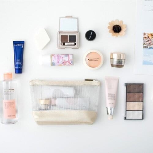 Portable White Cosmetic Bag Mesh PU Woven Cosmetic Storage Bag Large-capacity Translucent Travel Toiletry Bag for Women