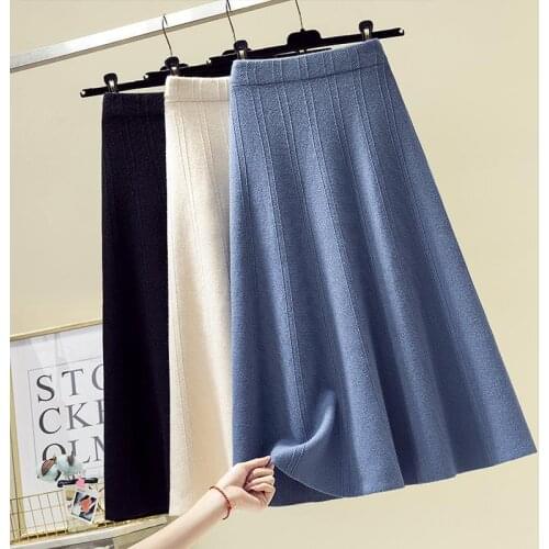Knitted Big Hem Skirt Womens Wool Pleated High Waist Long Skirt A- Line Autumn Winter Woman Skirts Mujer Faldas Saias Mulher
