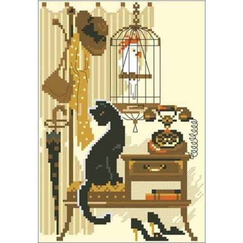 Cat waiting for the call patterns Counted Cross Stitch 11CT 14CT DIY Cross Stitch Kits Embroidery Needlework Sets home decor