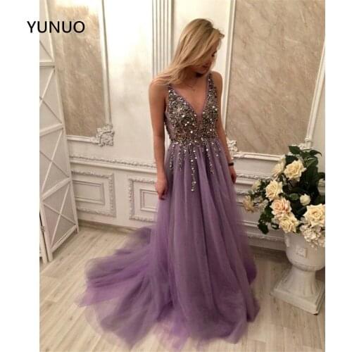 YUNUO Heavily Beaded Evening Dresses Long robe de soiree Deep V Neck Soft Tulle Prom Formal Dress Party Gowns Custom-made