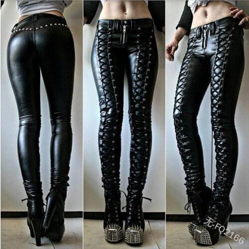Women Retro PU Pants Leather steampunk bandage Lace up Pencil pants Medieval Gothic Skinny Streetwear Autumn Casual Trouse