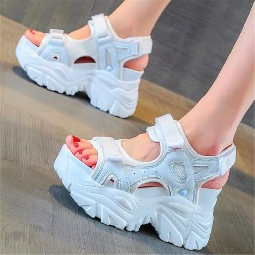 Gladiators Women Cow Leather Platform Wedge Sandals Open Toe High Heels Creepers Summer Fashion Sneakers 34 35 36 37 38 39