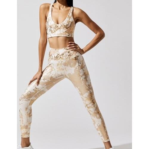 Sexy 2Pcs Fitness Suit Women Bronzing Running Sport High Waist Leggings And Push-up Bra High Elastic Yoga Set Female Sportswear