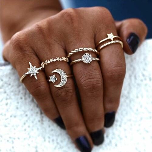 LXY-W 2021 New Vintage Geometric Gold Full Crystal Star Sun Moon Round Ring For Women Fashion Rings Set Jewelry Party Girl Gift