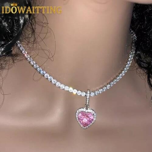High Quality Colorful Heart Pendant Necklace For Women Girls HipHop Full Iced Out Bling Cubic Zirconia CZ Stone 3mm Tennis Chain