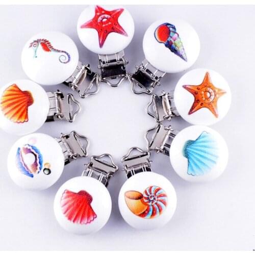 10 Baby Pacifier Clips Mixed Pattern Sea Animals Wood Metal Holders Cute Infant Soother Clasps Funny Accessories 4.4x2.9cm