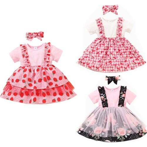 2021 Summer Sweet 3-18M Baby Girls Dress Short Sleeves Round Neck Cartoon Cherry/Floral Print Tulle Dress+Headband for Children