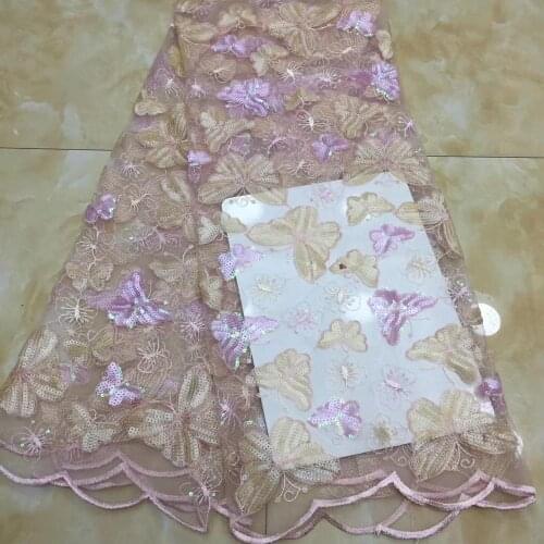 5yards/pc) High quality sequins embroidered African French net lace peach pink tulle lace fabric for party dress FZX040
