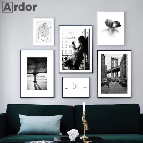 Abstract Couple Kiss Love Wall Art Poster Figure Heart Line Drawing Art Print Architecture Leaf Palm Canvas Painting Home Decor