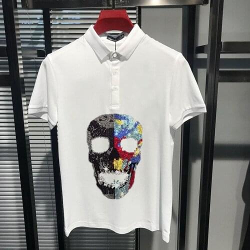 Color Art Mens Skull Shirt Rhinestone Funny Fashion Polo Tops Quick-Drying And Breathable Lapel Designer Male Short Sleeve