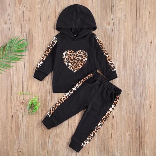 2Pcs Infant Leopard Print Outfits Baby Heart Long Sleeve Hoodie + Trousers with Pockets Children Kids Girls Boys Tracksuits Set