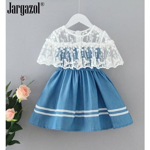 Childrens Dress Summer New Dress Girl Lace Turn-collar Jean Blue Princess Dress Solid Elegant Children Dressing Clothes