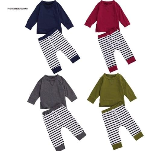FOCUSNORM 0-24M Infant Baby Boys Clothes Sets Long Sleeve Pullover Sweatshirts Tops Striped Pants 2pcs