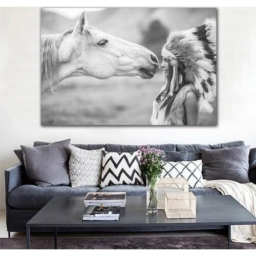 GoldLife Black White Photography Print Picture Horse and Feather Women Canvas Painting Nordic Decoration Wall Poster No Frame