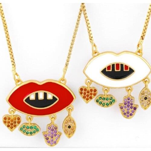 Hip hop lips micro pave cz zircon cubic zirconia necklace copper Clavicle gold plated Snake Chain Choker Pendant eg23