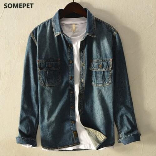 Mens classic light retro long sleeve shirt Business casual denim shirt high quality Slim-fit cotton top 2021 Four seasons new