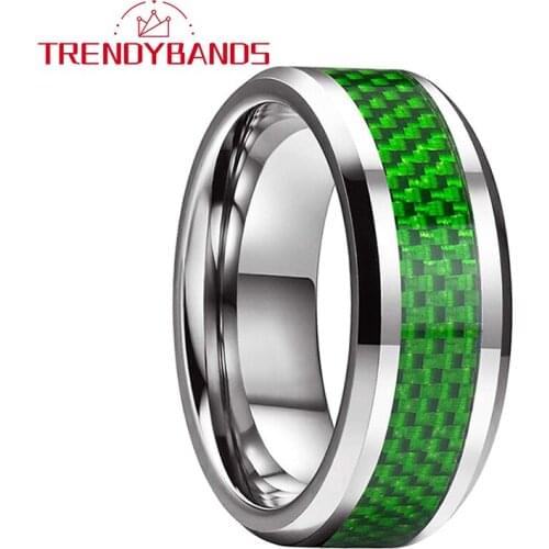 8MM Mens Tungsten Rings Womens Wedding Band Green Carbon Fiber Inlay Beveled Edges Comfort Fit