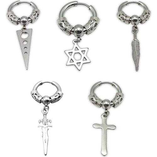 Men Cross Stars Leaf Pendant Punk Round Cartilage Stainless Steel Earring For Men Piercing Stud Earrings Women Circle Earing