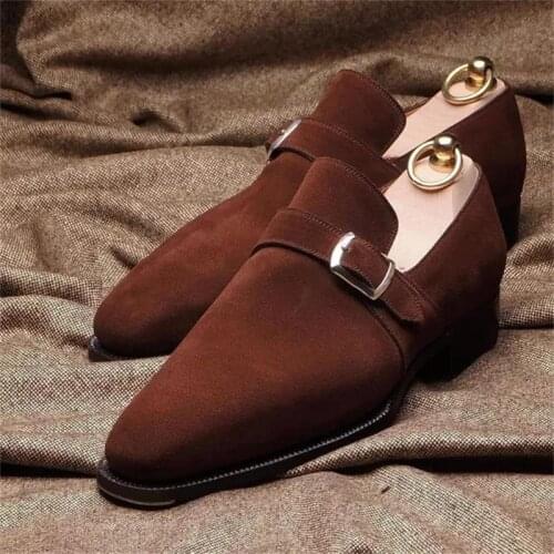 Mens Handmade High Quality Brown Suede Single Buckle Pointed Toe Low Heel Comfortable Fashion Business Casual Monk Shoes ZQ0024