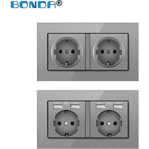 BONDA Wall Socket EU Standard 16A Tempered Crystal Glass Sockets with 2 USB Power Outlet 146mm * 86mm Kids Safety Protection