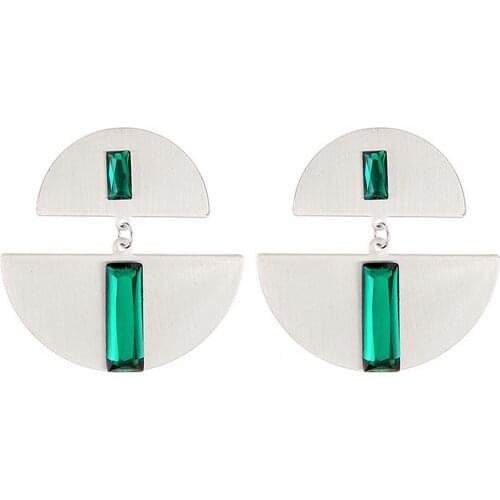 New Big Sliver Metal Semicircle Drop Earrings for Women Geometric Green Crystal Dangle Earring Brinco Fashion Jewelry Pendientes