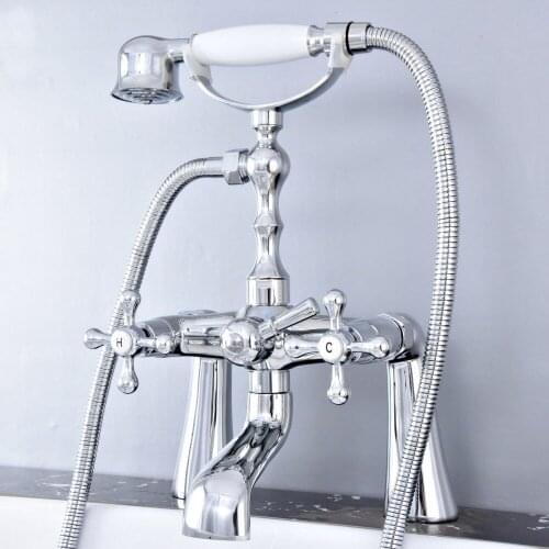 Polished Chrome Deck Mounted Bathroom Tub Faucet Dual Handles Telephone Style Hand Shower Clawfoot Tub Filler atf771