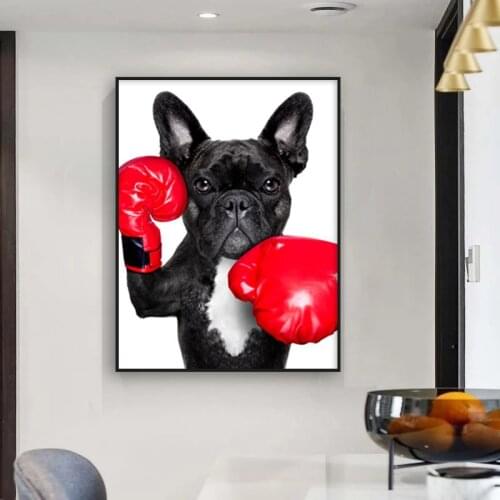Bulldog With Boxing Gloves Canvas Painting Doggy Boxer Posters Dog Wall Art Pictures for Childrens Room Decoration Nordic Prints