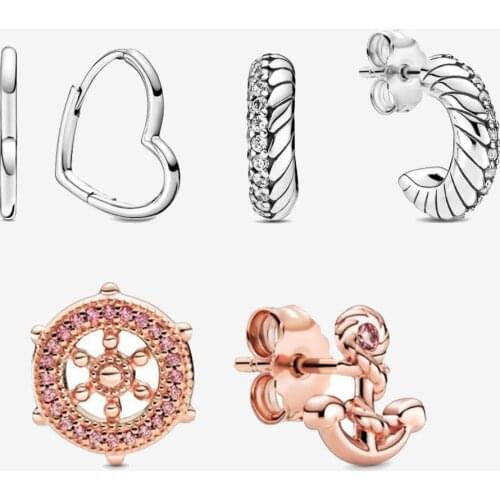 2020 Autumn New 925 Sterling Silver Pave Earrings Rose Gold Rudder And Anchor Love Snake Chain Stud Earrings Women Birthday Gift