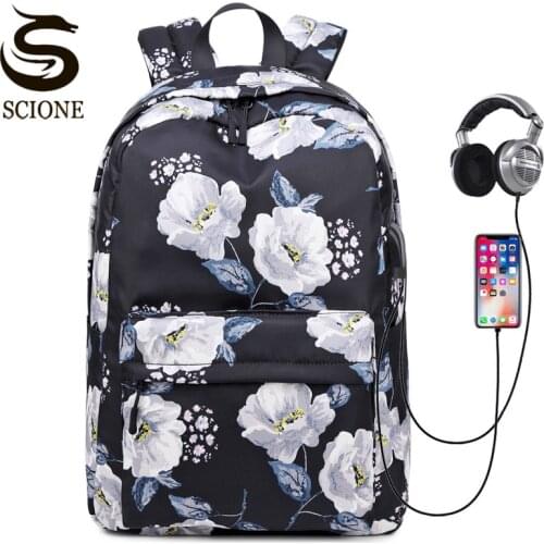 Flowers Printed School Backpack Casual USB Charge Laptop Backpacks Fashion Women Books Bag Students Waterproof Rucksack XA165M