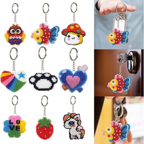 Stamped DIY Handmade Craft Bead Cross Stitch Keychain Printed Embroidery Needlework Key Ring Kit for Gift Backpack Pendant